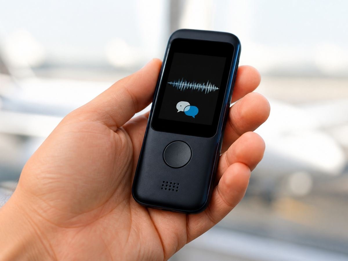 Enence 2.0 handheld AI voice translator held in a hand