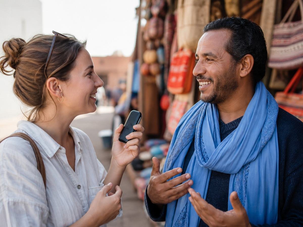 Two people using a handheld translator to have a conversation